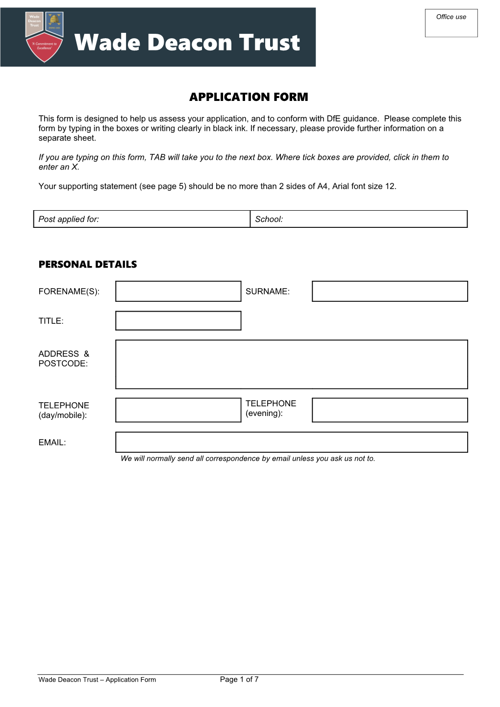 Wade Deacon High School Teaching Post Application Form