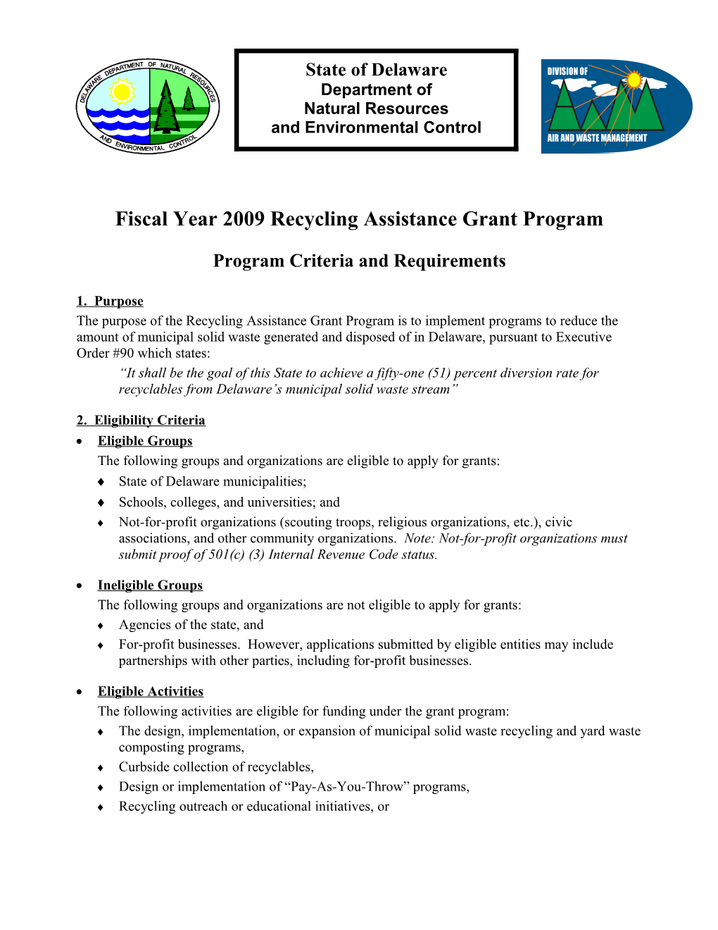 DNREC, FY2009 Recycling Assistance Grant Programpage 1 of 7