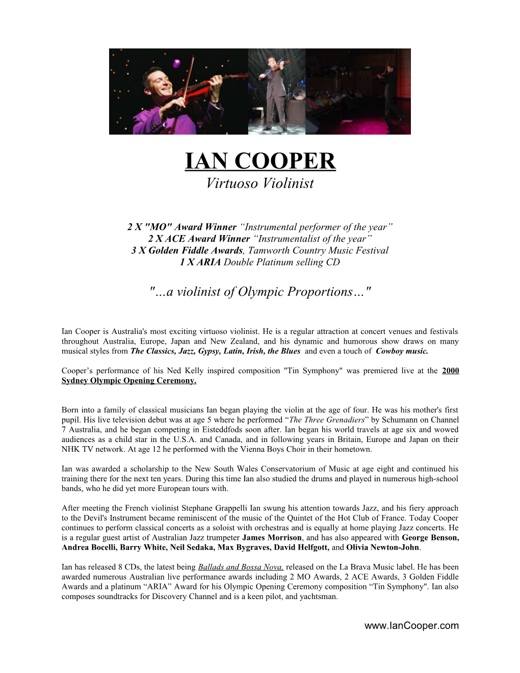 IAN COOPER Virtuoso Violinist 2 X MO Award Winner Instrumental Performer of the Year 2