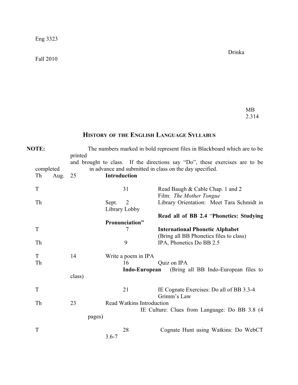 History of the English Languagesyllabus