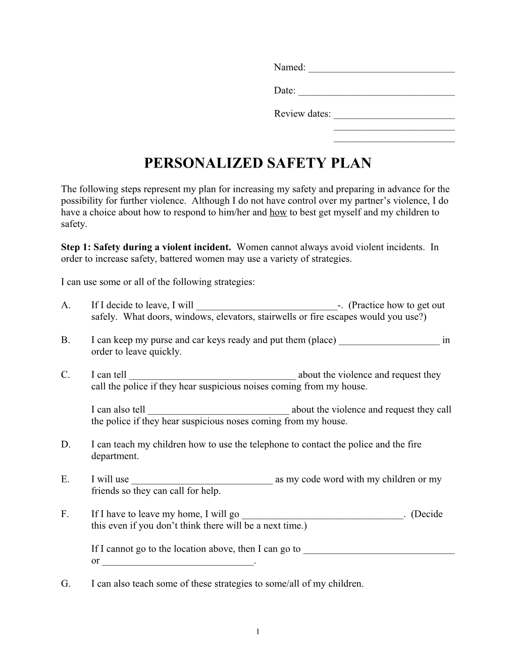 Personalized Safety Plan