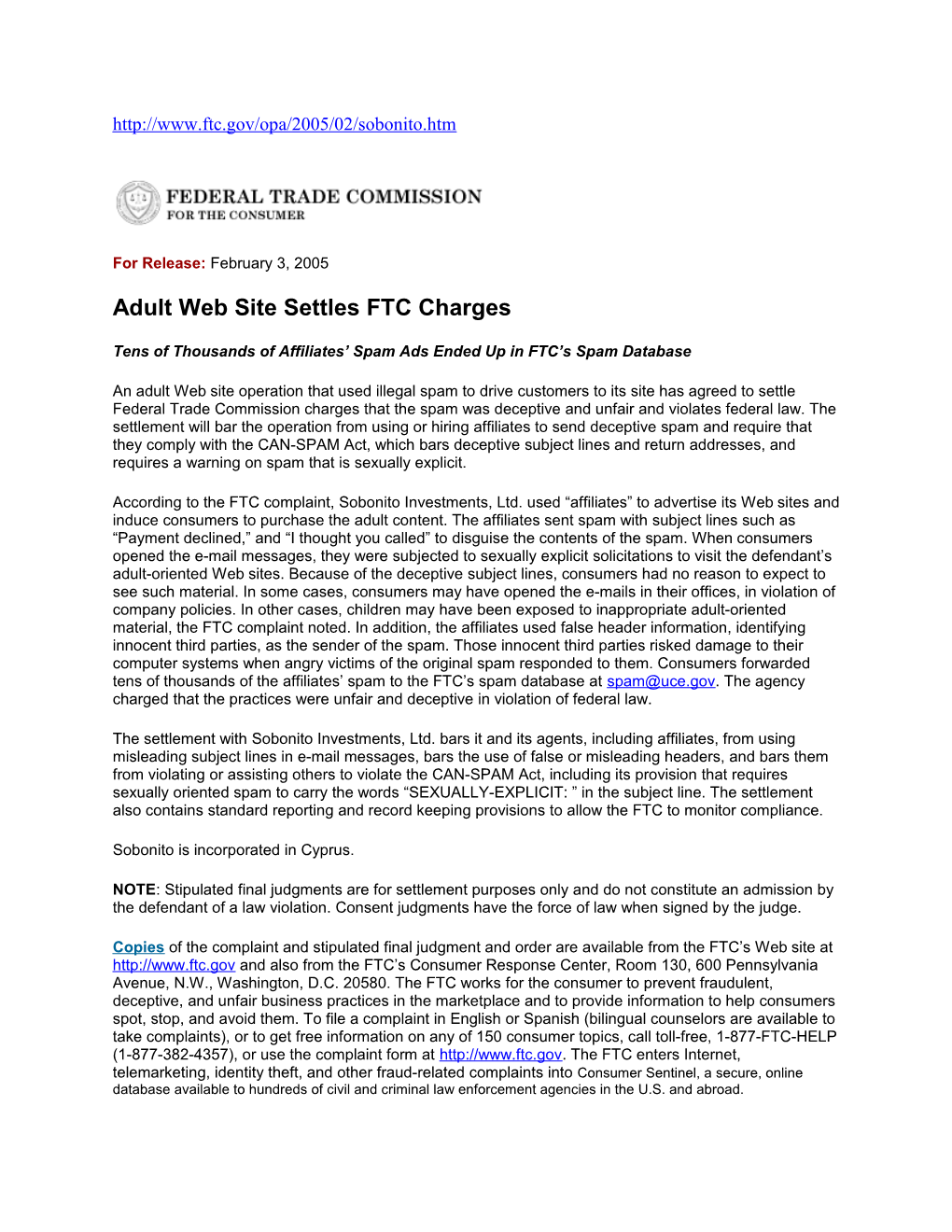 Adult Web Site Settles FTC Charges