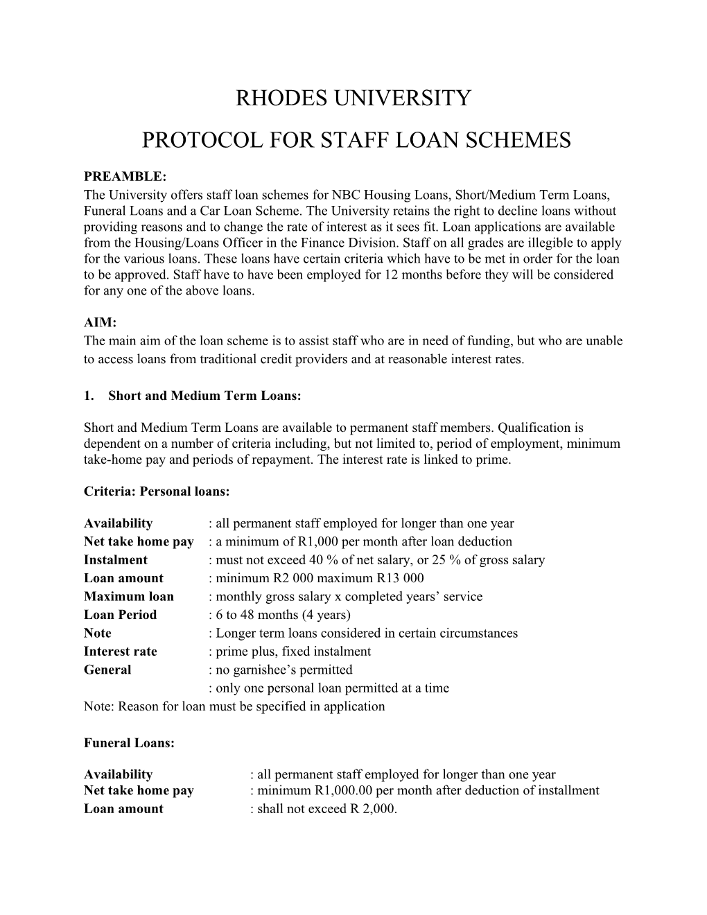 Protocol for Staff Loan Schemes