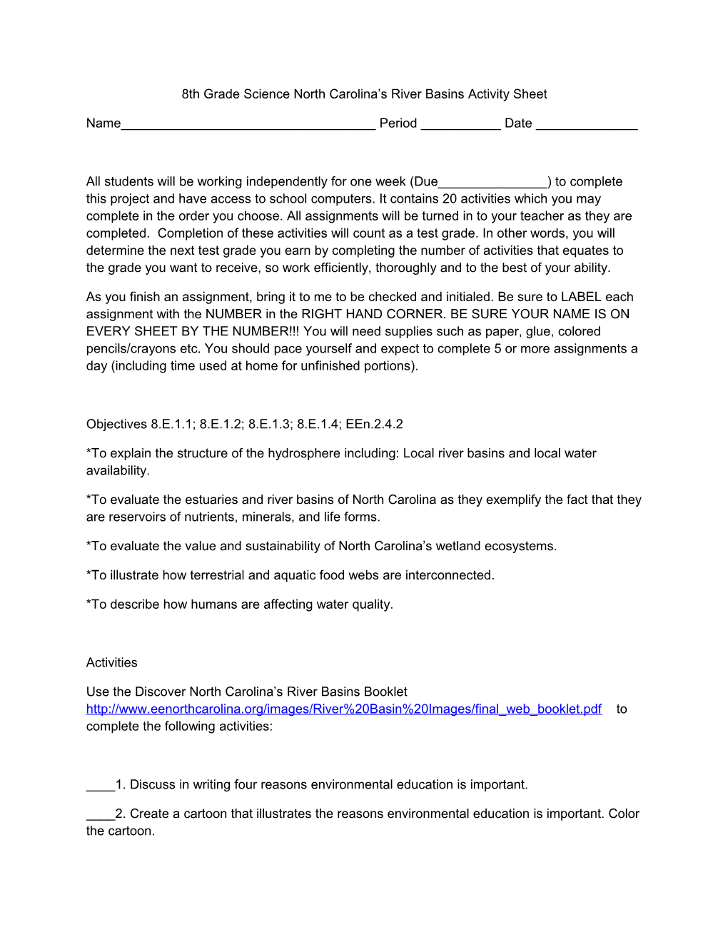 8Th Grade Science North Carolina S River Basins Activity Sheet