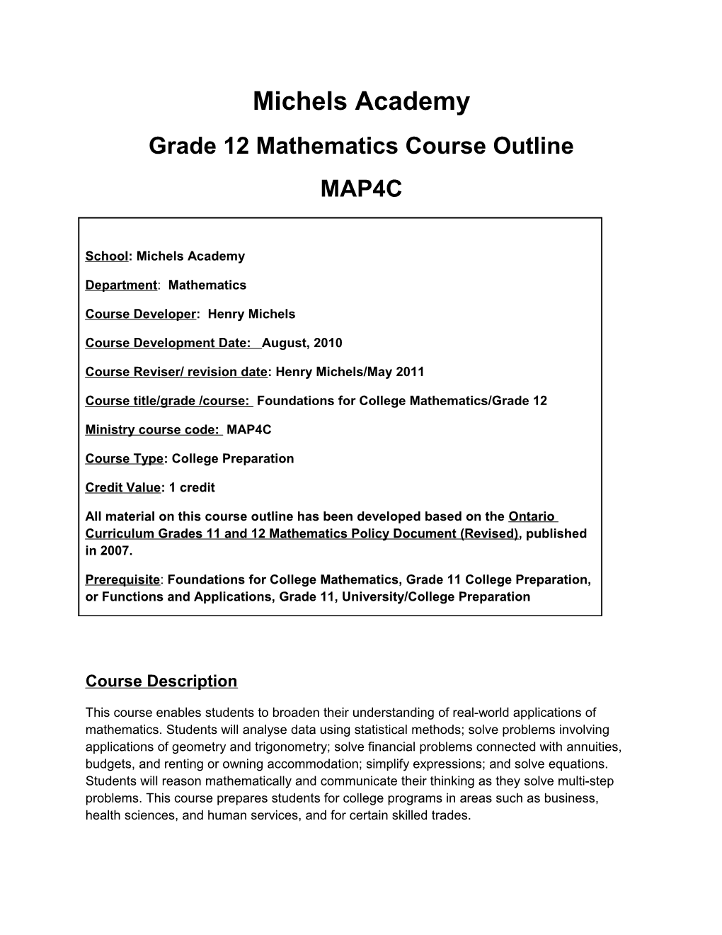 Grade 12 Mathematics Course Outline