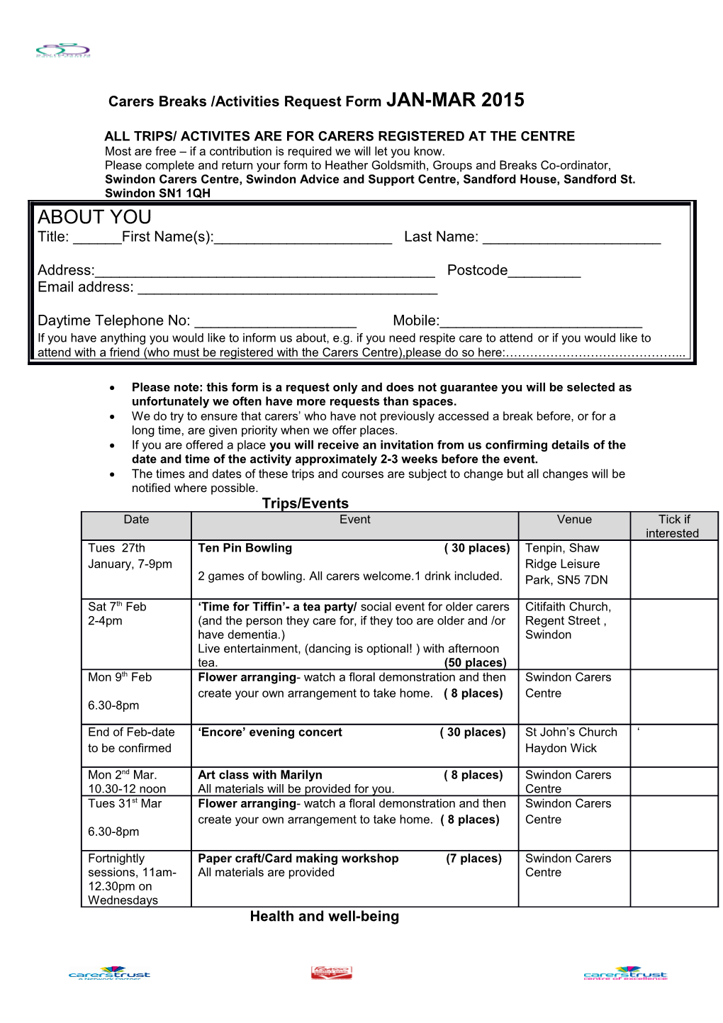 Carers Breaks /Activities Request Form JAN-MAR 2015