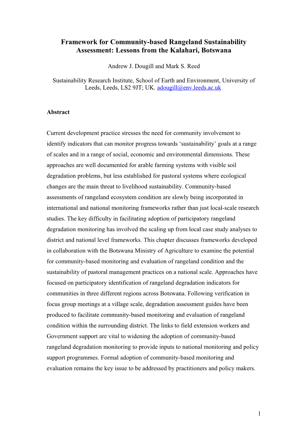 Frameworks for Community-Based Rangeland Sustainability Assessment in the Kalahari