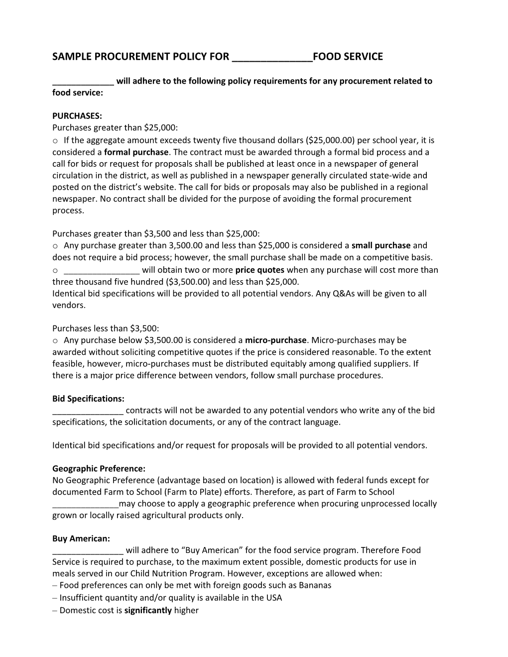 Sample Procurement Policy for ______Food Service