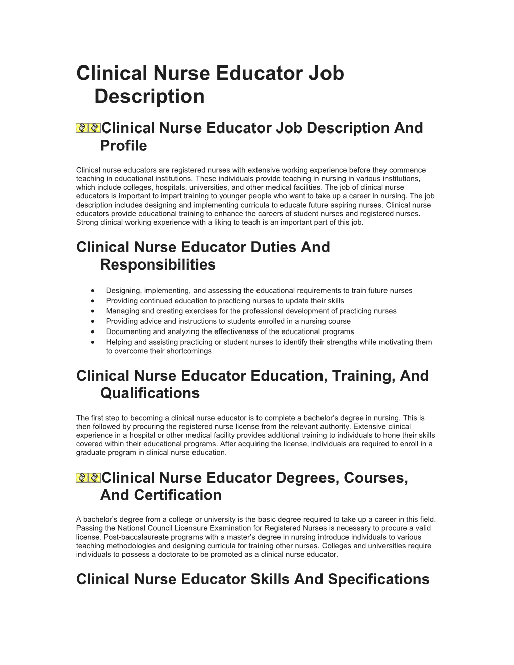 Clinical Nurse Educator Job Description