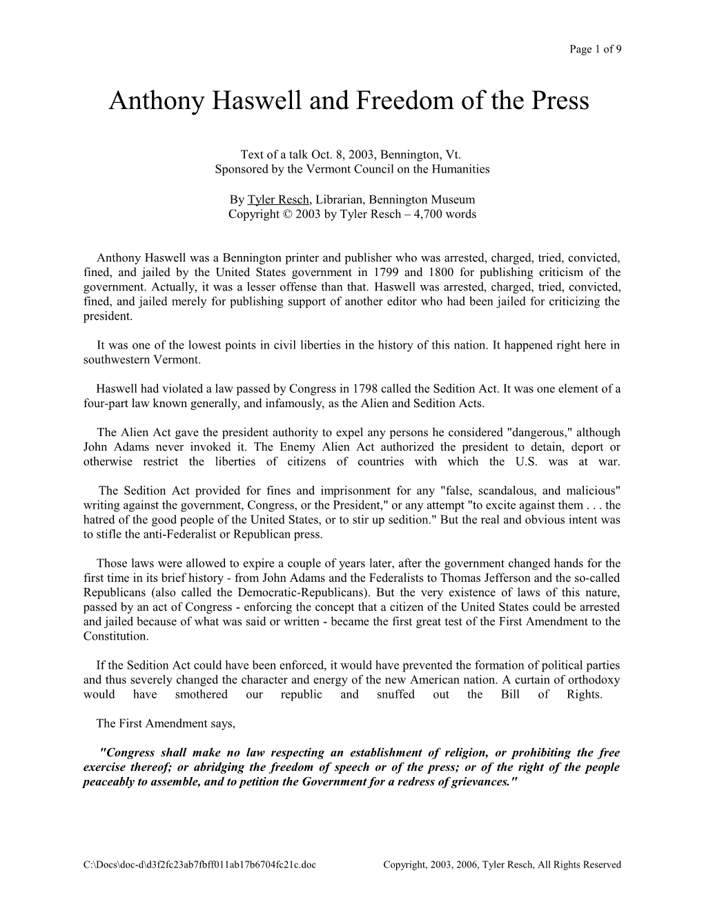 Anthony Haswell and Freedom of the Press