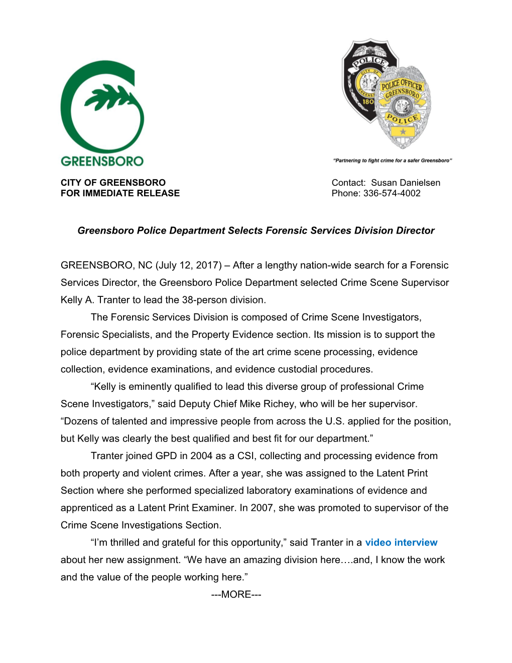 Greensboro Police Department Selects Forensic Services Division Director