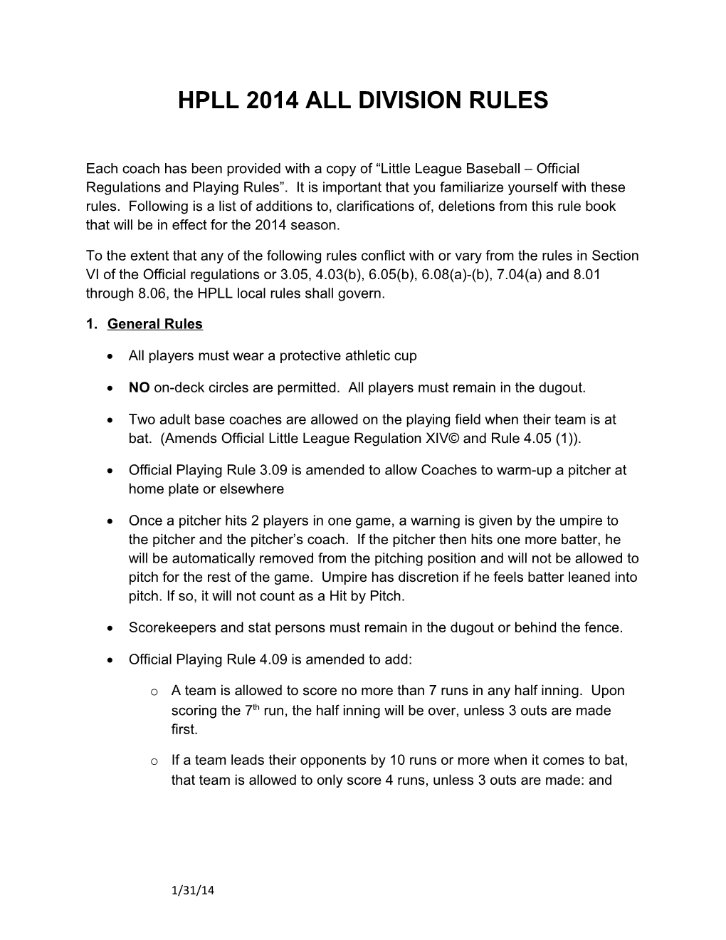 Hpll 2014All Division Rules