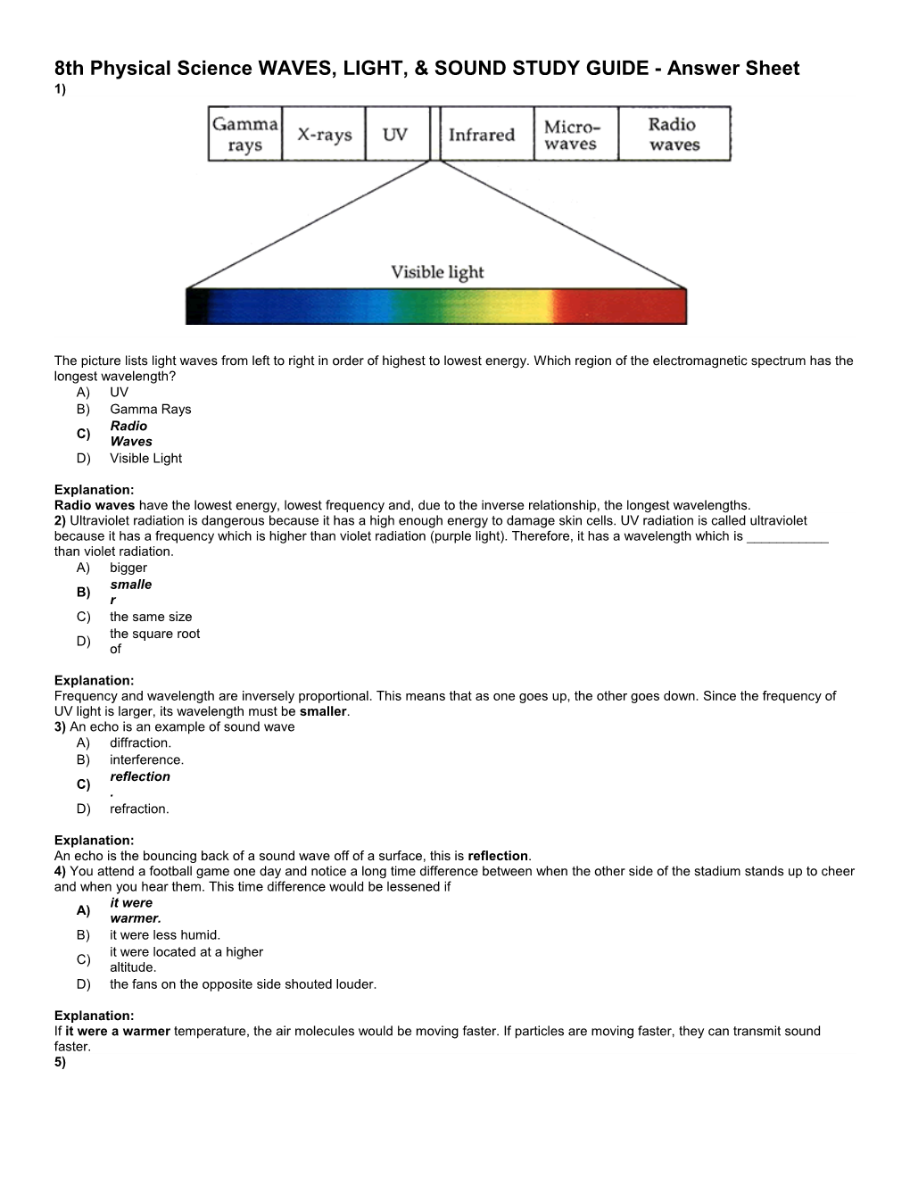 8Th Physical Science WAVES, LIGHT, & SOUND STUDY GUIDE - Answer Sheet