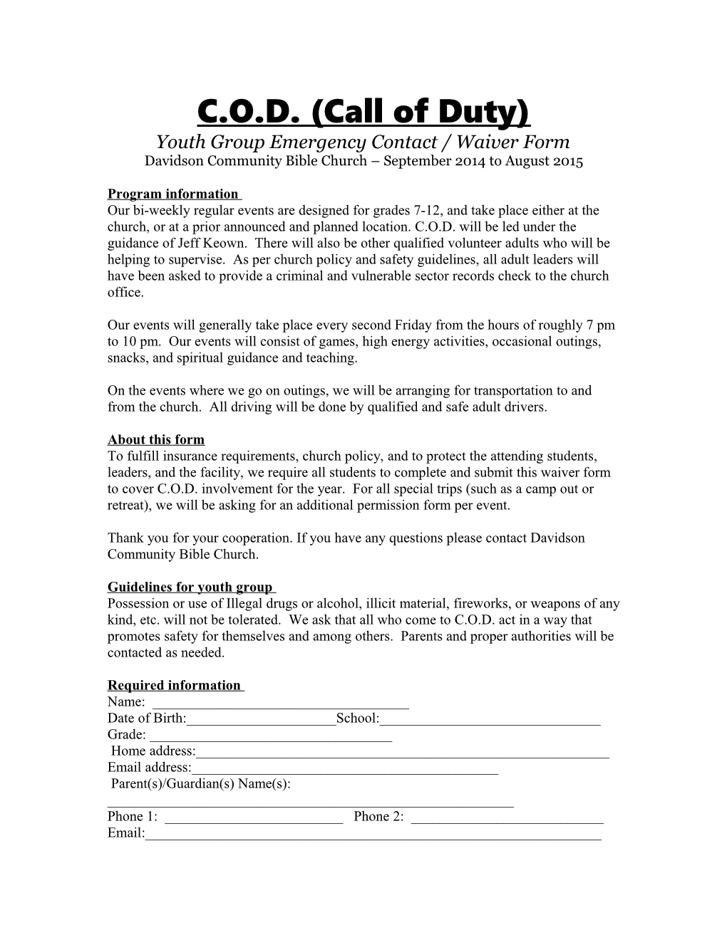 Youth Group Emergency Contact / Waiver Form