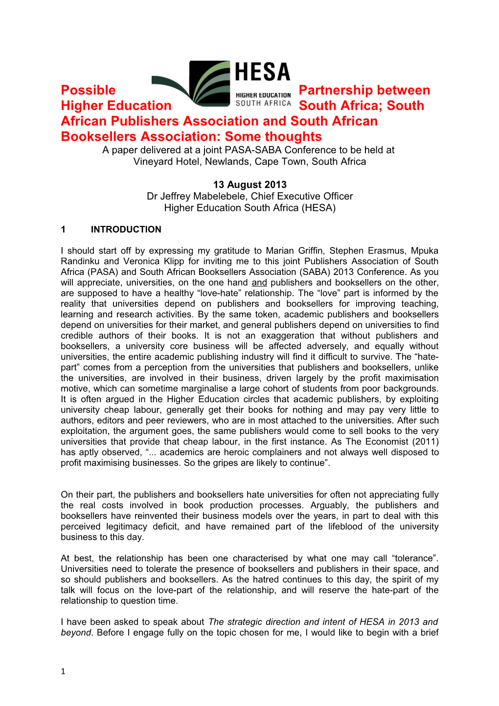 A Paper Delivered at a Joint PASA-SABA Conference to Be Held At