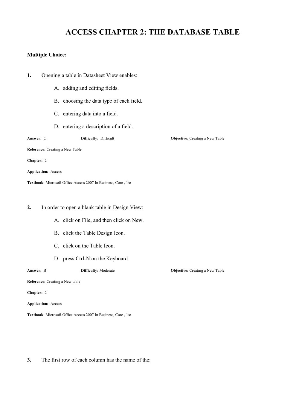 Test Bank Chapter 2: the Database Table