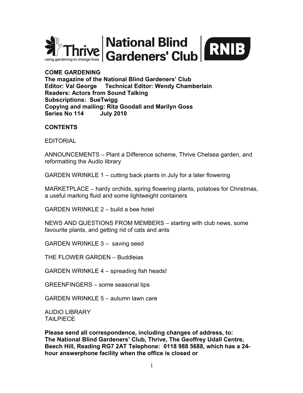 The Magazine of the National Blind Gardeners Club