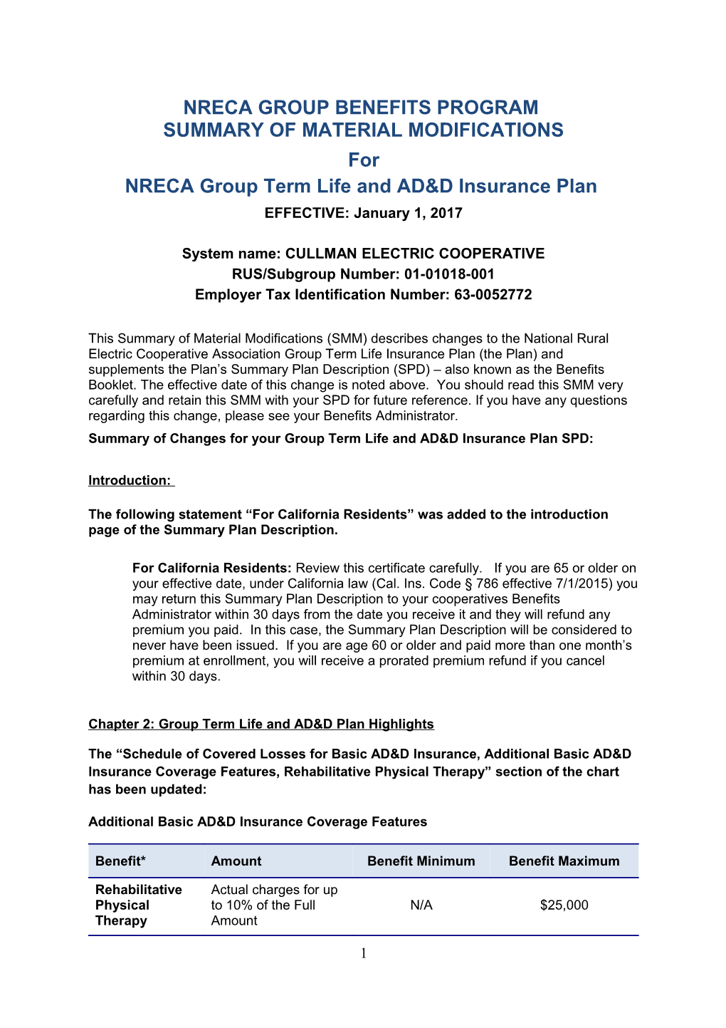 Nreca Group Benefits Program Summary of Material Modifications