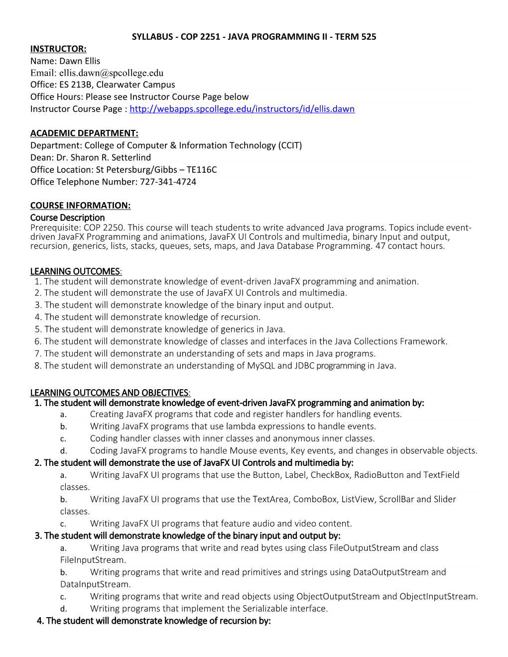 Syllabus - Cop 2251 - Java Programming Ii - Term 525