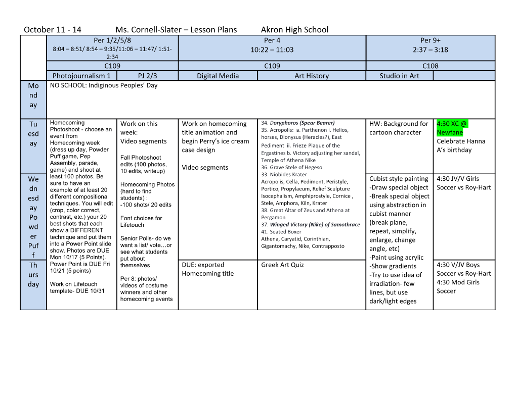 October 11 - 14Ms. Cornell-Slater Lesson Plansakron High School