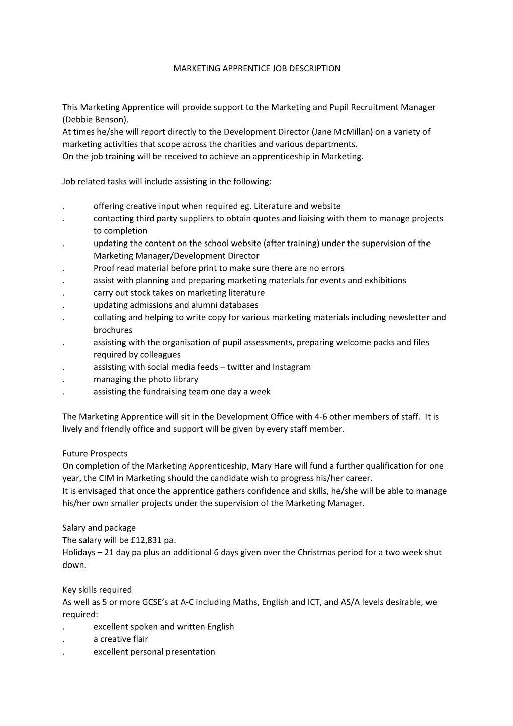 Marketing Apprentice Job Description