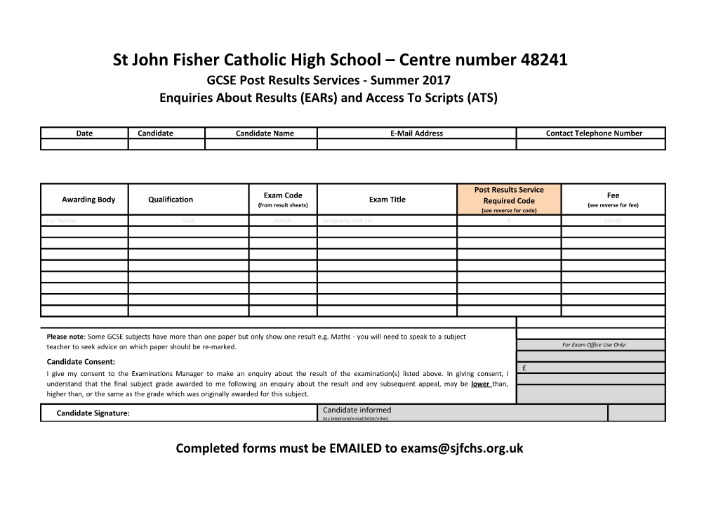 St John Fisher Catholic High School Centre Number 48241