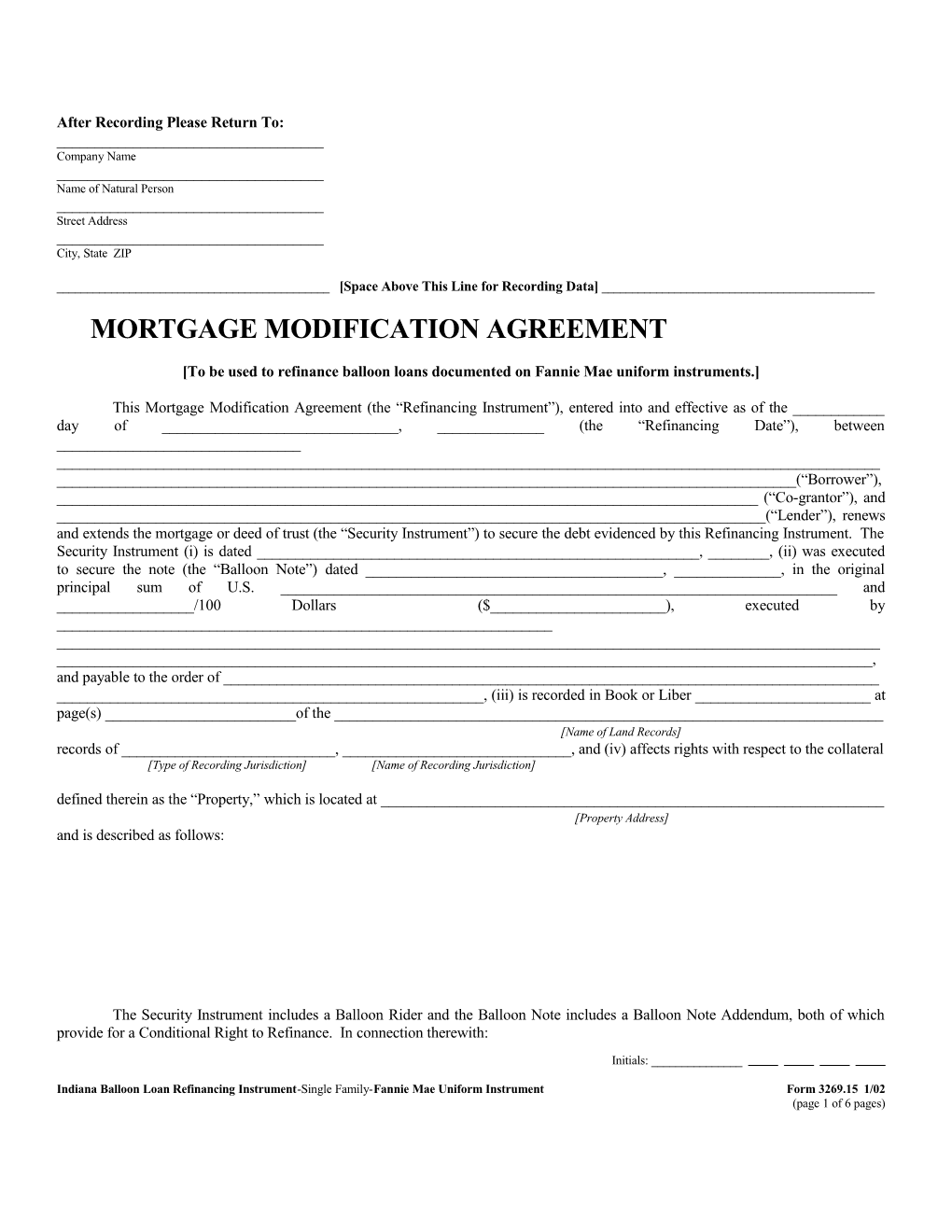 Indiana Balloon Loan Refinancing Instrument (Form 3269): Word