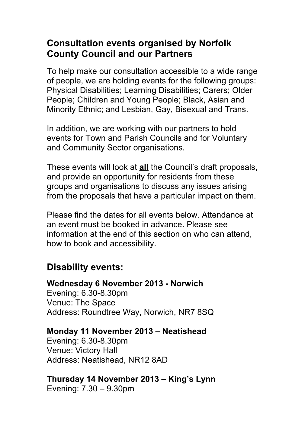 Consultation Events Organised by Norfolk County Council and Our Partners