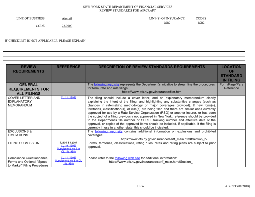 Property Checklist: Review Standards for Aircraft Filing Checklist