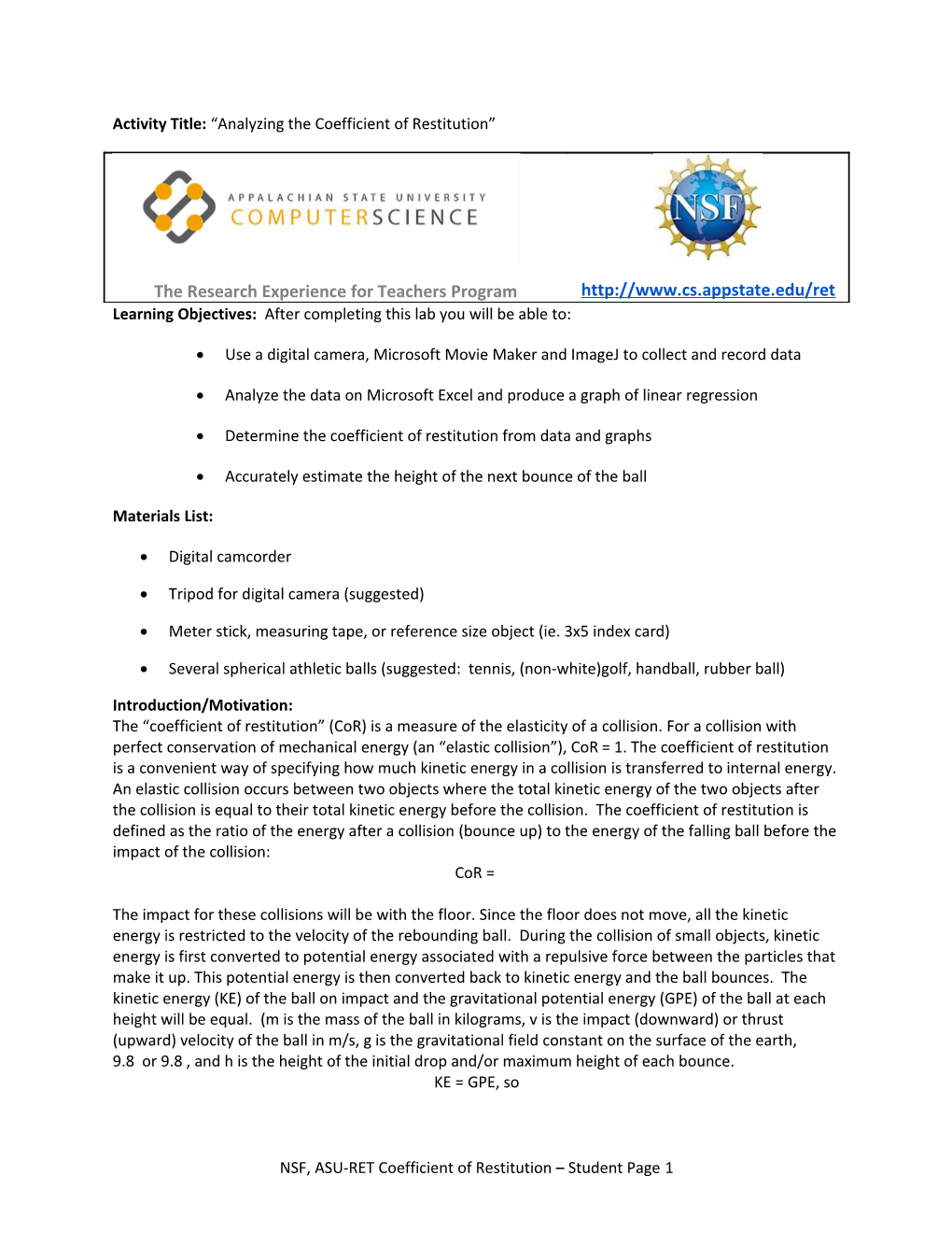 Activity Title: Analyzing the Coefficient of Restitution