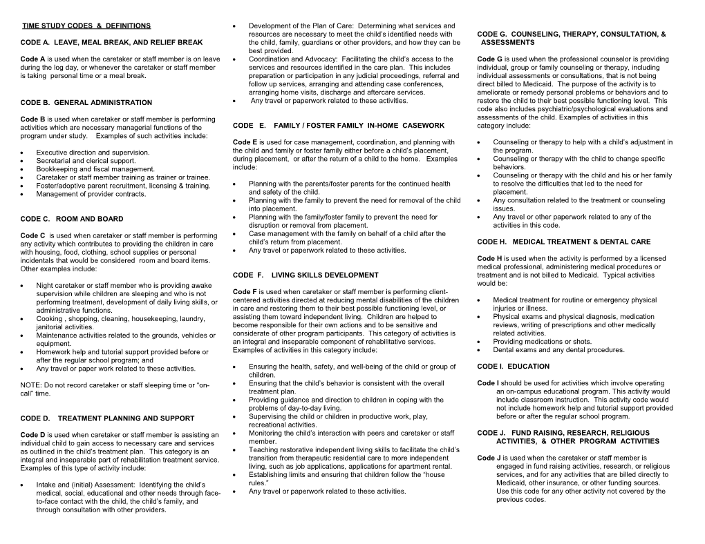 Annual Audited Cost Report and Time Study Codes and Definitions