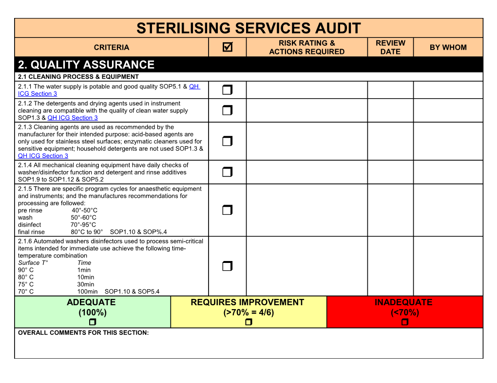 Easi-Sterilise Audit Tool: Quality Assurance