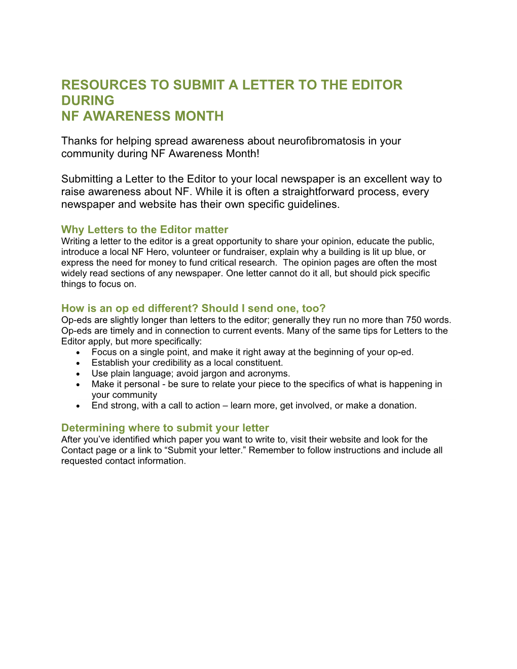 Resources to Submit a Letter to the Editor During Nf Awareness Month