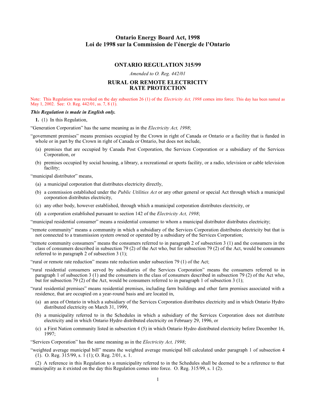 Ontario Energy Board Act, 1998 - O. Reg. 315/99