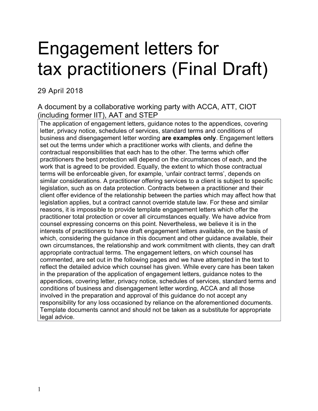 Engagement Letters for Tax Practitioners (Final Draft)