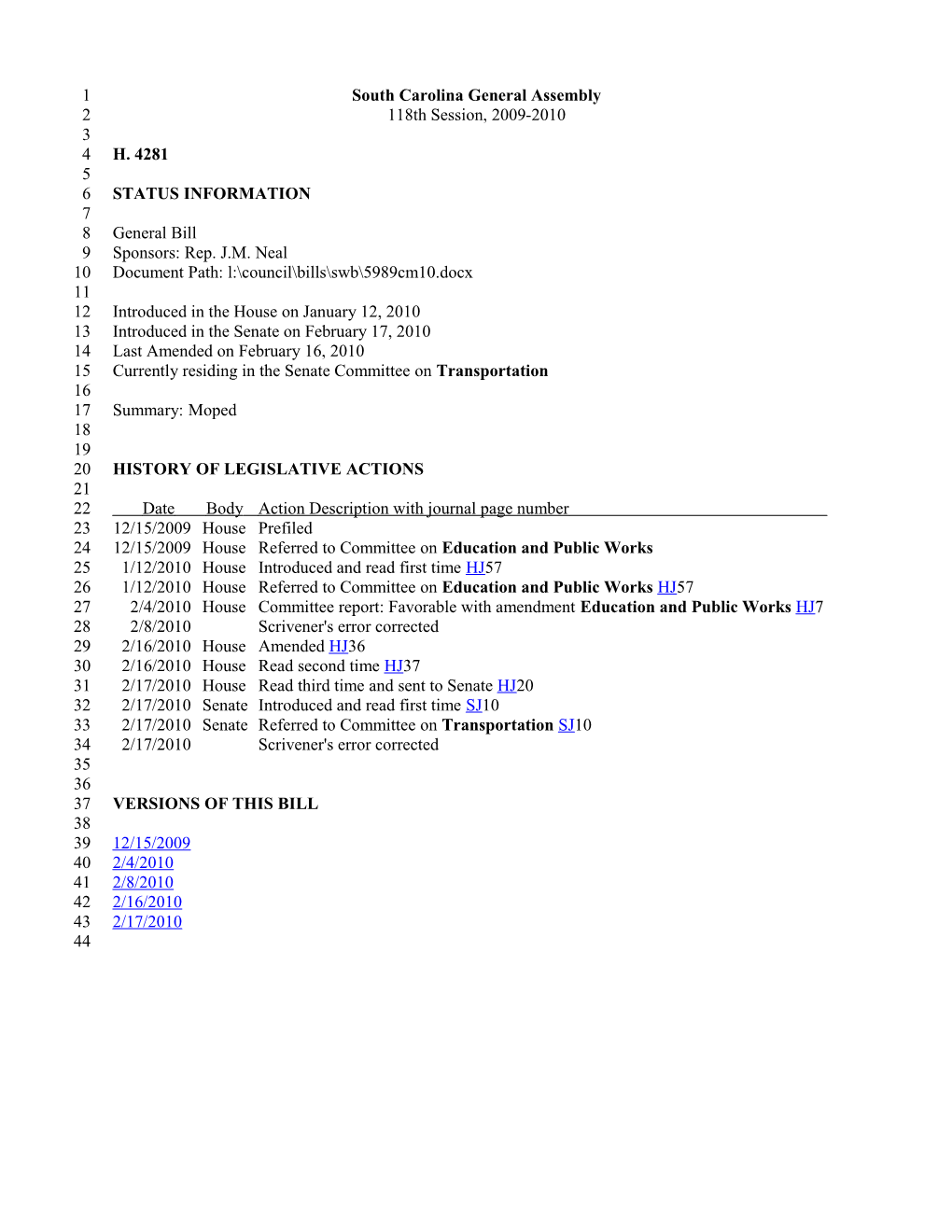 2009-2010 Bill 4281: Moped - South Carolina Legislature Online