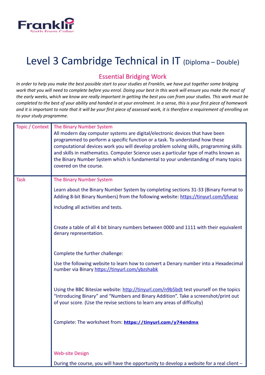 Level 3 Cambridge Technical in IT(Diploma Double)