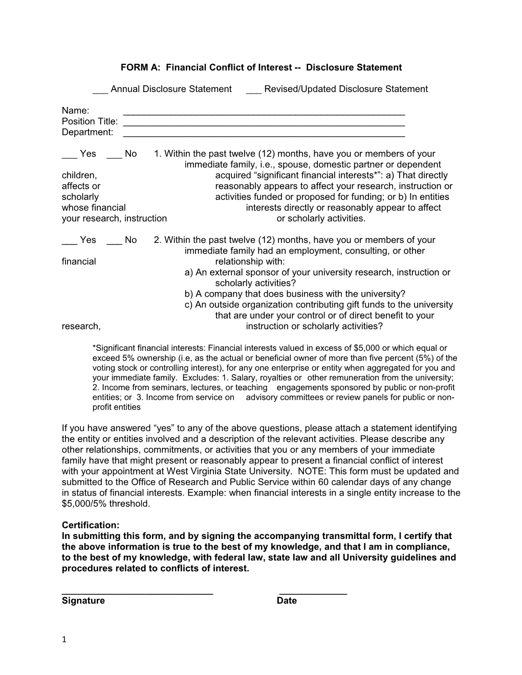 FORM A: Financial Conflict of Interest Disclosure Statement