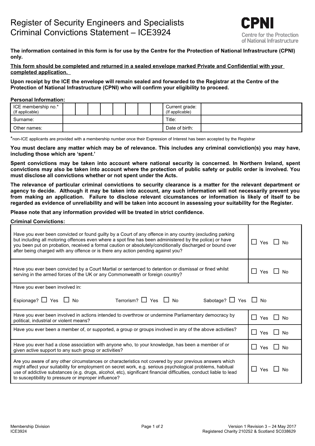 The Information Contained in This Form Is for Useby the Centre for the Protection of National