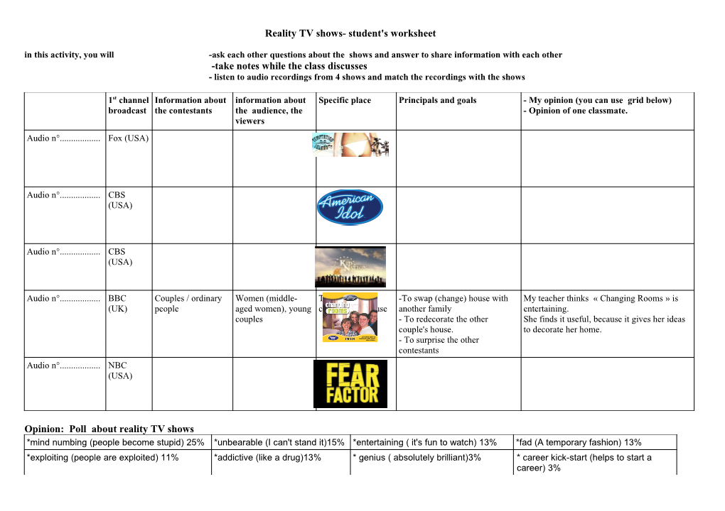 Reality TV Shows- Student's Worksheet