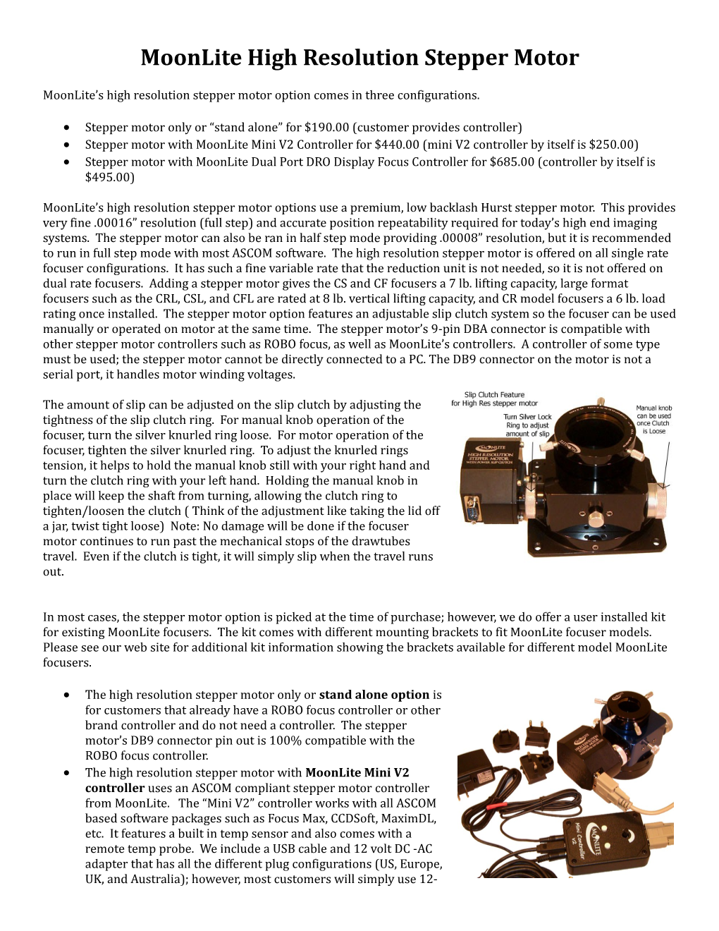 Moonlite High Resolution Stepper Motor Options