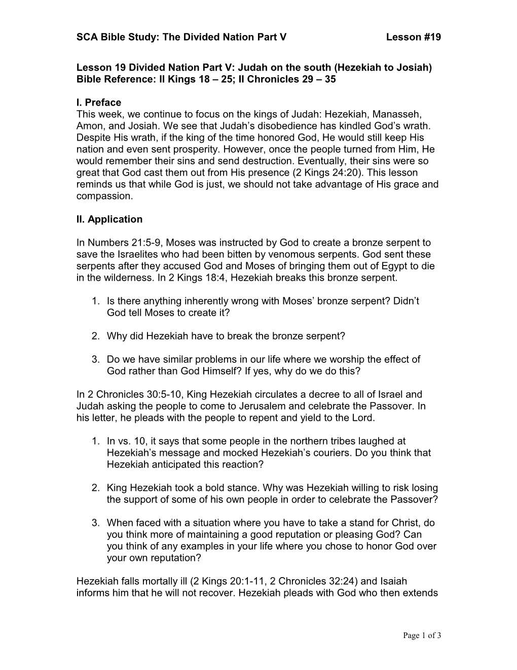 SCA Bible Study: the Divided Nation Part V Lesson #19