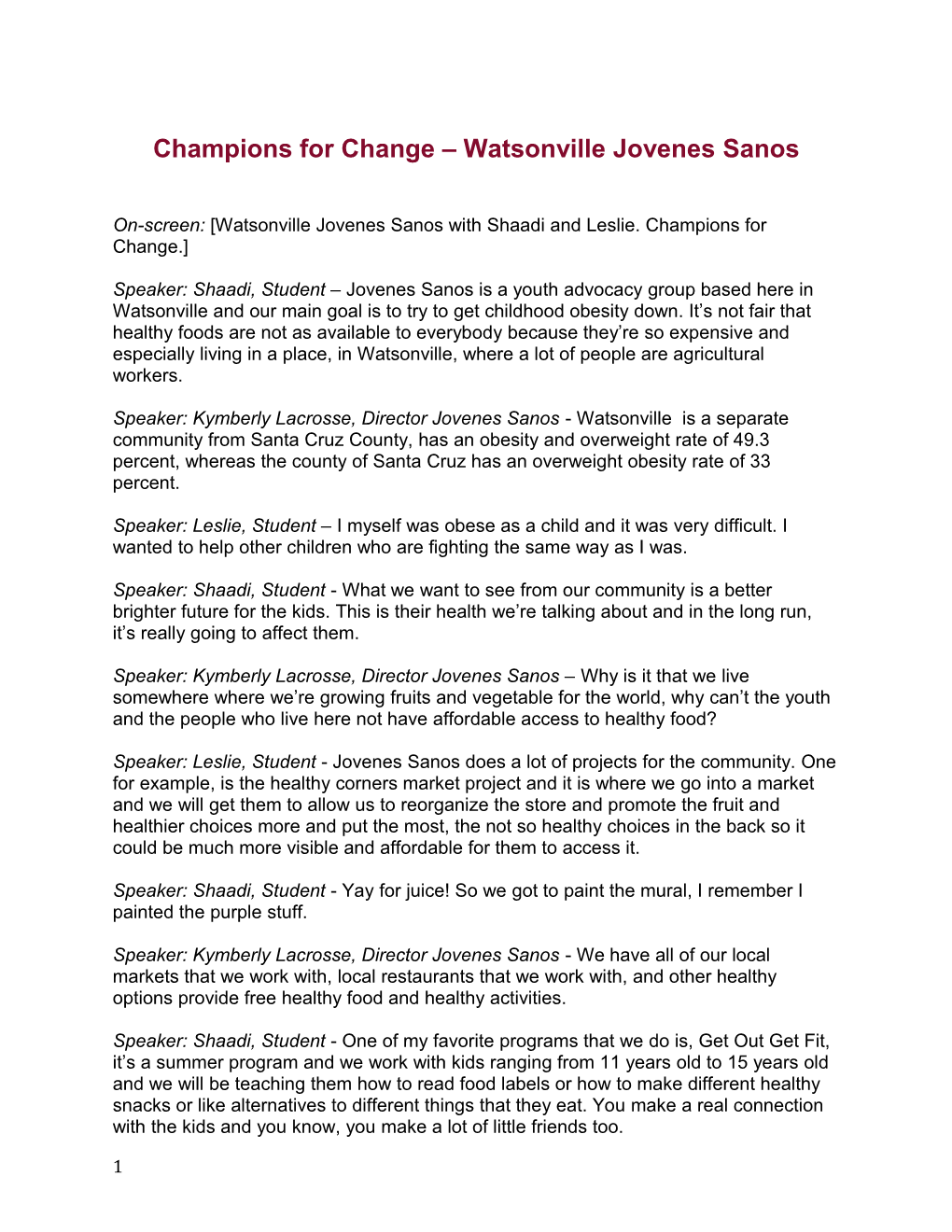 Champions Forchange Watsonvillejovenes Sanos
