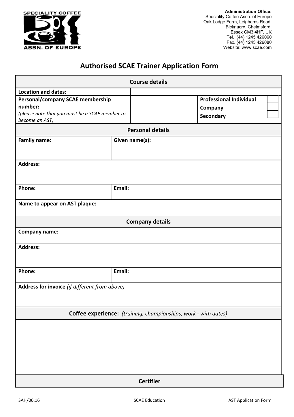 Authorised SCAE Trainer Application Form