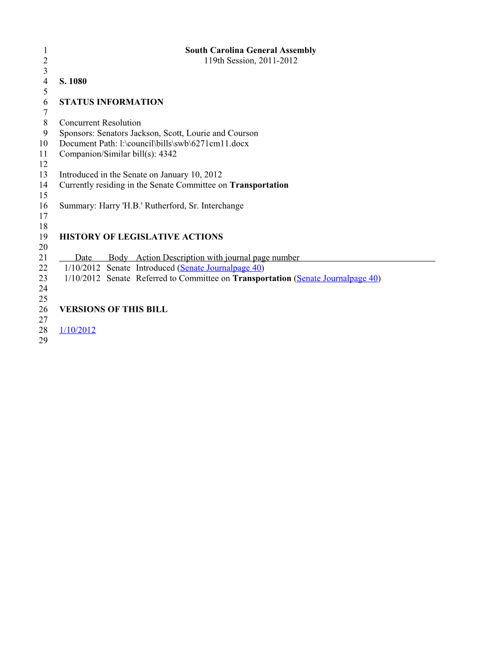 2011-2012 Bill 1080: Harry 'H.B.' Rutherford, Sr. Interchange - South Carolina Legislature