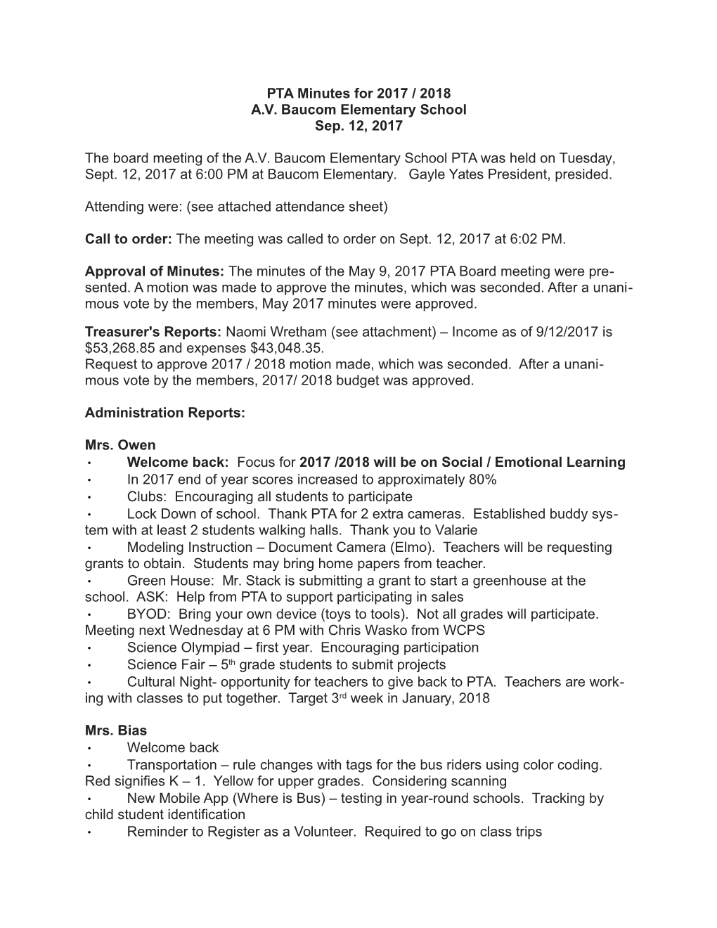 PTA Minutes for 2017 / 2018