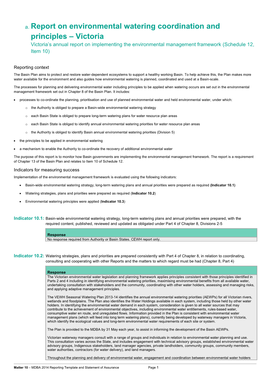 Report on Environmental Watering Coordination and Principles Victoriavictoria S Annual