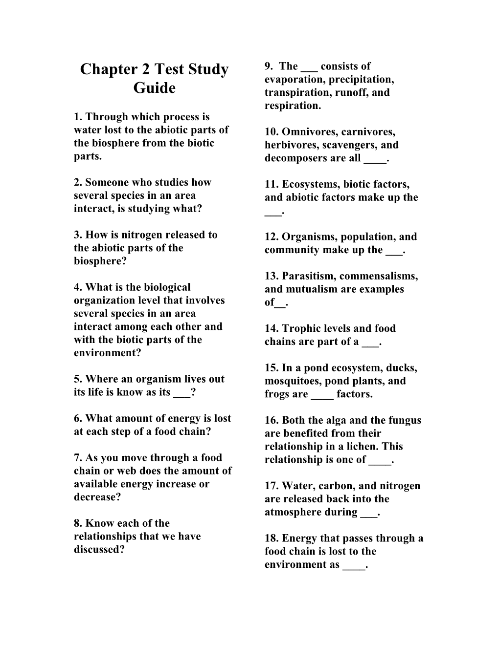 Chapter 2 Vocabulary Test Study Guide
