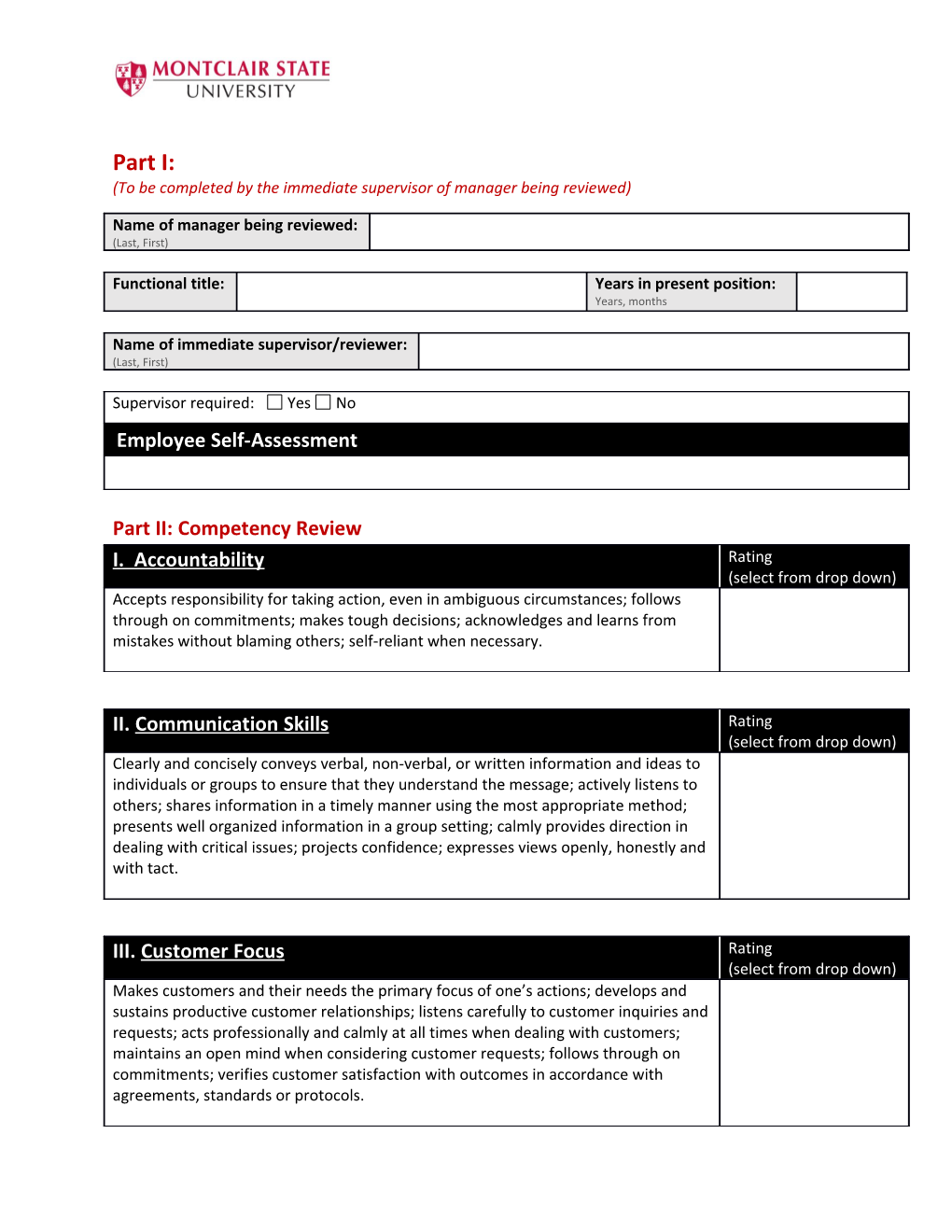 Montclair State University Managerial Performance Evaluation and Reappointment Recommendation
