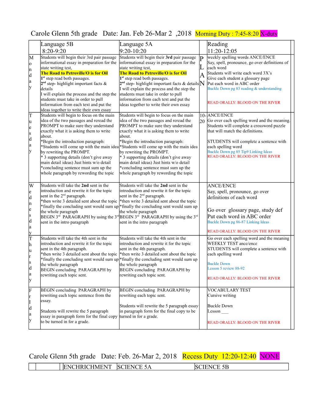 Carole Glenn 5Th Grade Date: Jan. Feb 26-Mar 2 ,2018 Morning Duty : 7:45-8:20 X-Duty